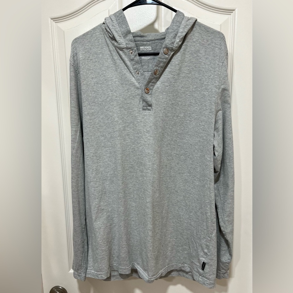 Michael Kors Gray Striped Hooded Henley Pullover
